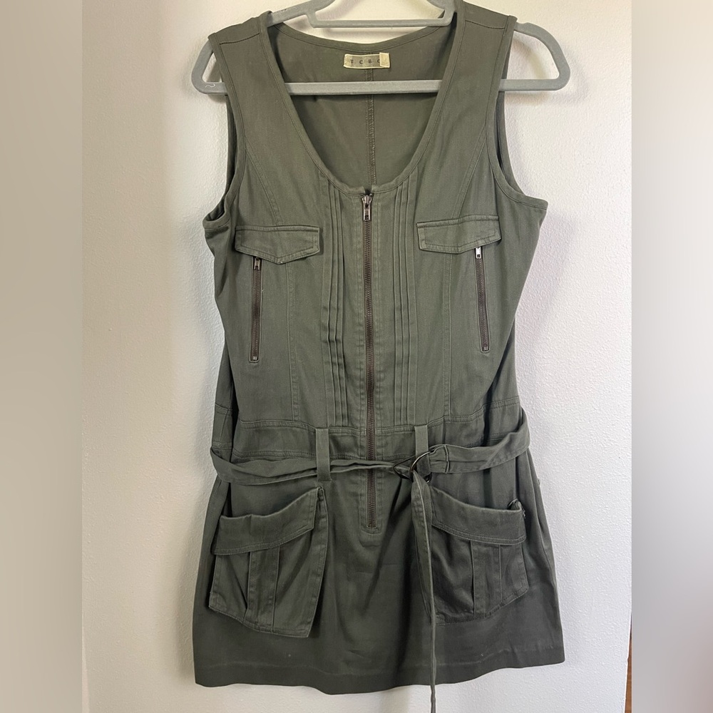 TCEC Dark Olive Utility Dress with Front Zip and Belt Detail